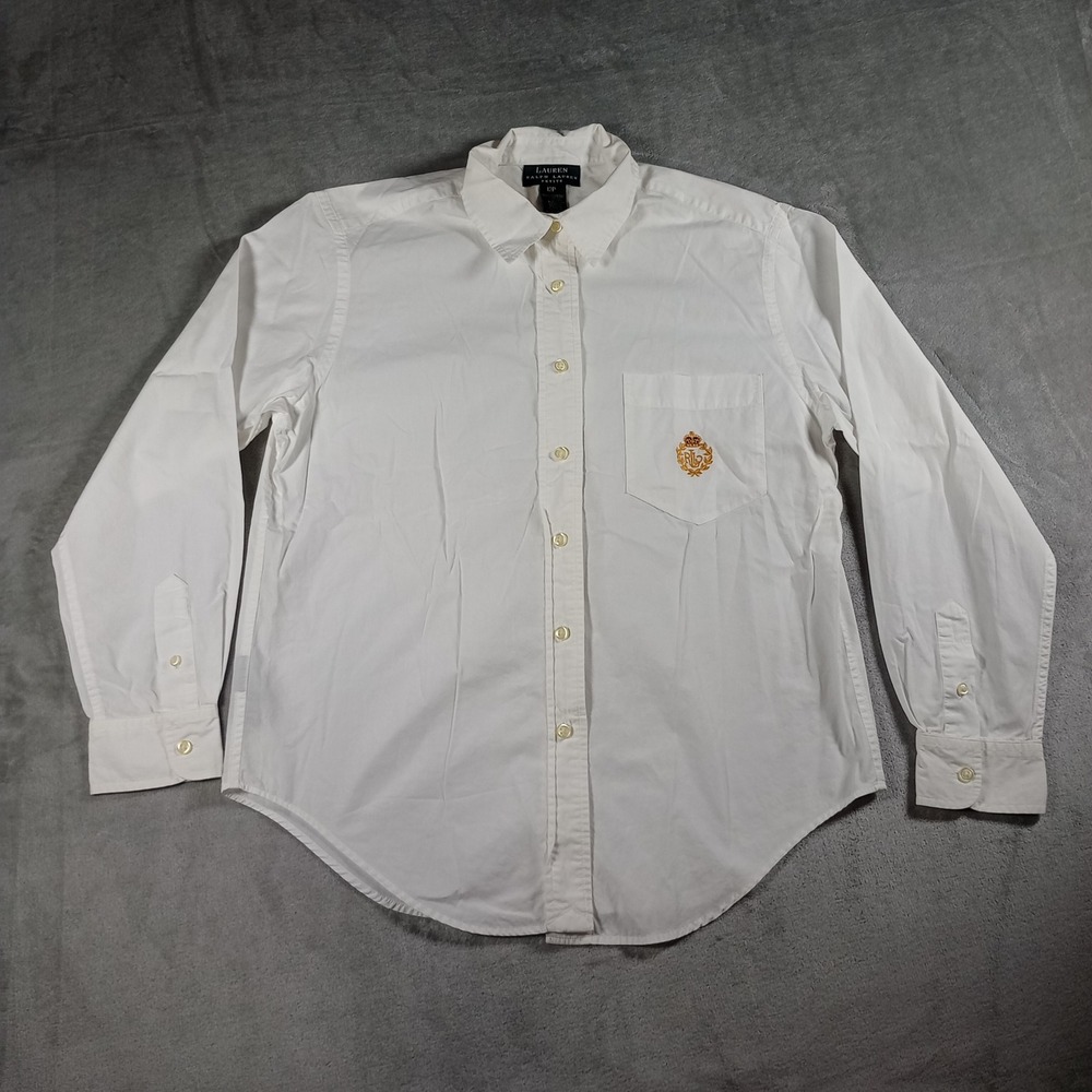 Lauren Ralph Lauren Button Down Shirt Womens 12P White Crest Logo Old Money Prep